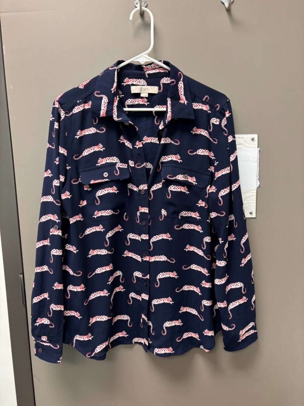 Navy blue Loft workshirt with big cat print, size large